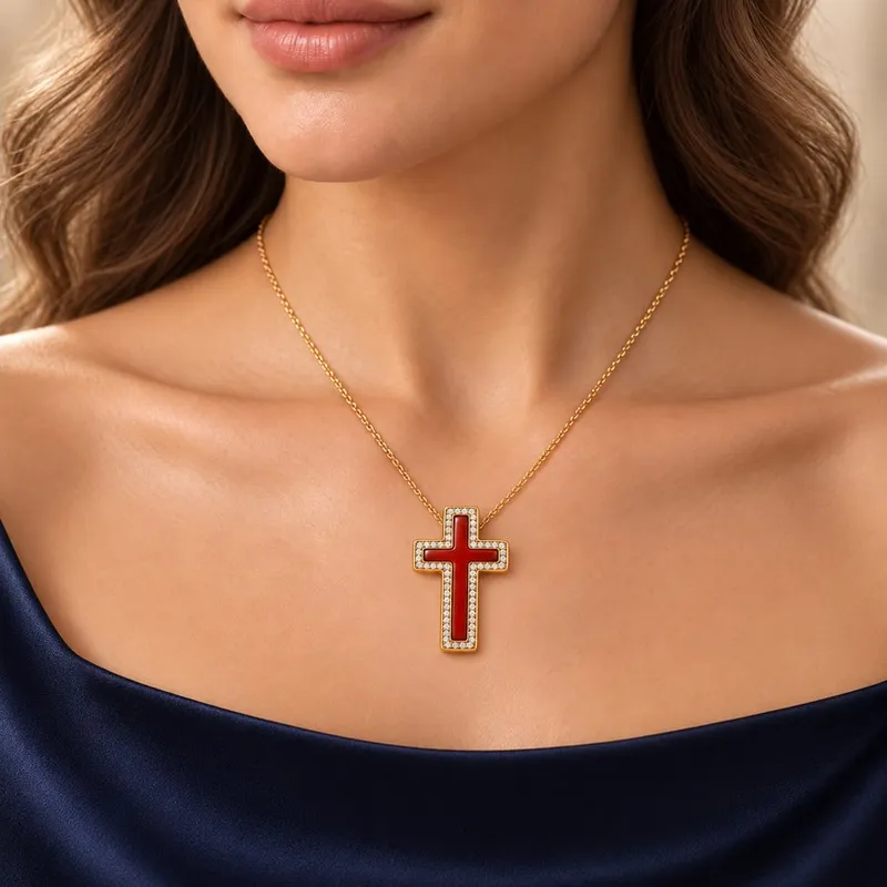 Kreuz Anhänger mit Karneol, an einer Kette getragen